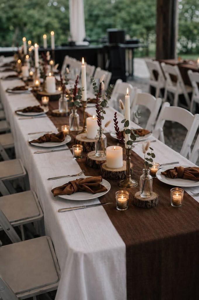 Rustic Thanksgiving table with natural wood, linen, stoneware, wooden serving boards, and branches.