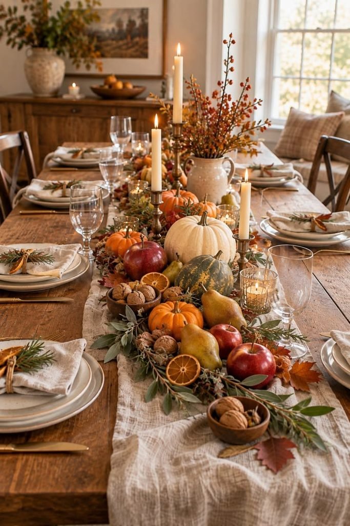 Harvest-inspired Thanksgiving table with pears, figs, dried wheat, ceramics, and natural branches.