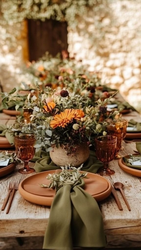 Terracotta and olive Thanksgiving tablescape with cream dinnerware, linen napkins, and olive branches.