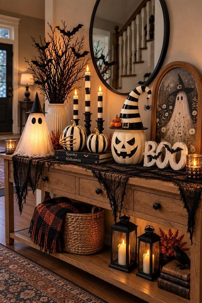 Halloween house party entryway decorated with pumpkins, lanterns, a black wreath, and spooky accents.