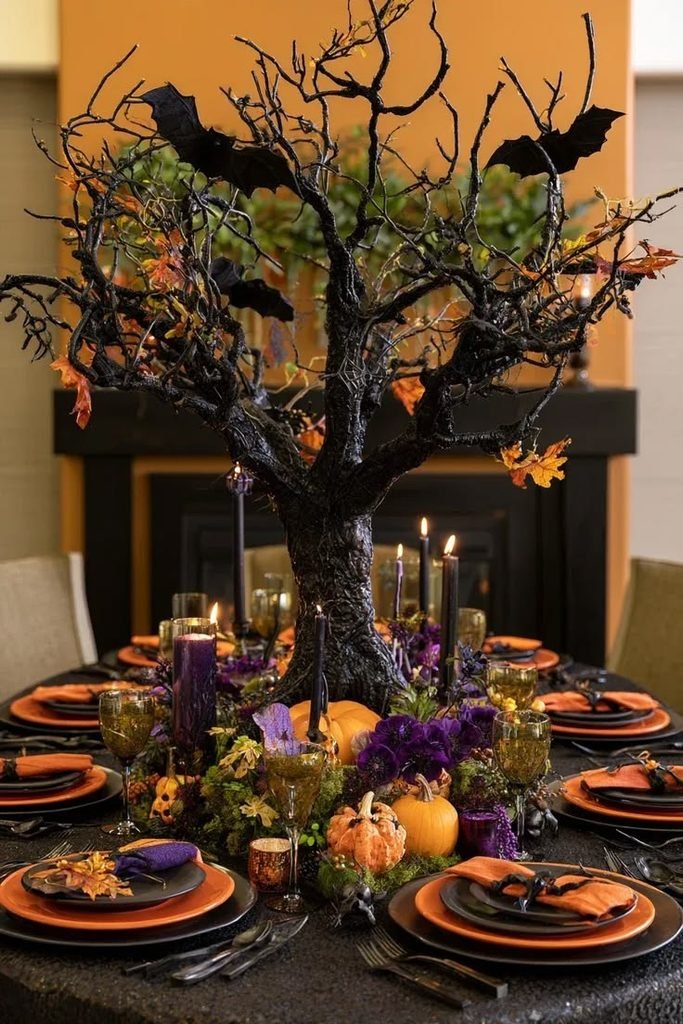 Halloween drink station with glass dispensers, colorful party drinks, vintage glasses, and spooky decorations.