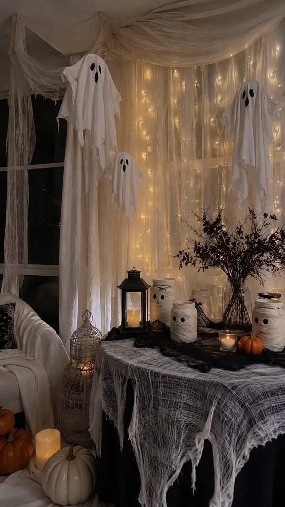 Floating white ghost decorations above a Halloween party table in a warmly lit room.