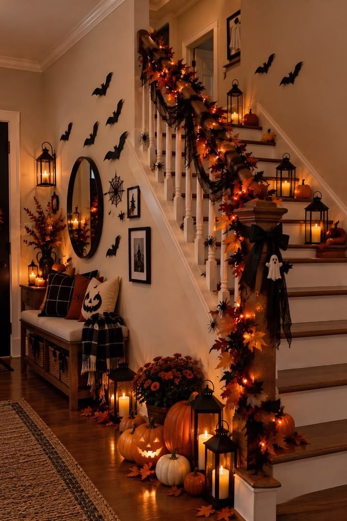 Halloween staircase decorated with black bats, dark foliage garland, and warm lantern lighting.
