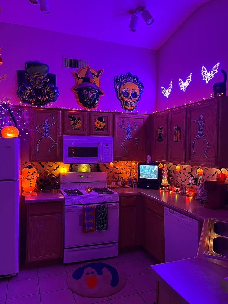 Stylish Halloween house party setup with coordinated living room decor, dining table, and drink station.