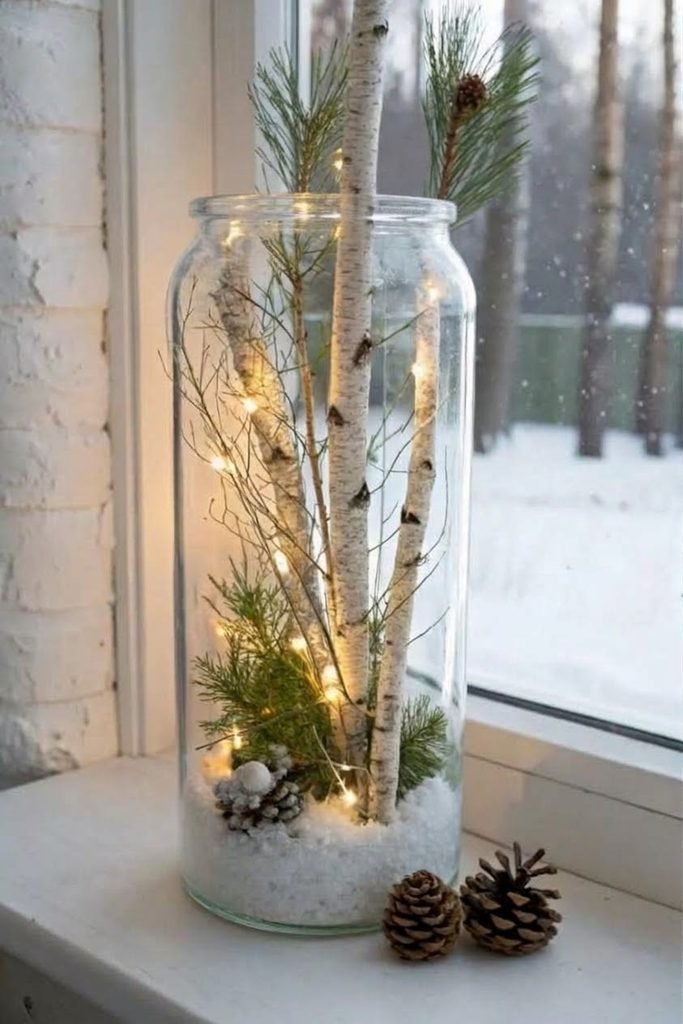 Snowy birch branch Christmas mason jar centerpiece with white ornaments and silver stars.
