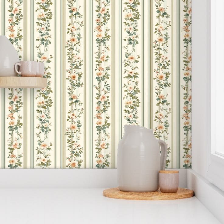 Vintage floral wallpaper behind shelves styled with ceramic vases, books, and brass decor