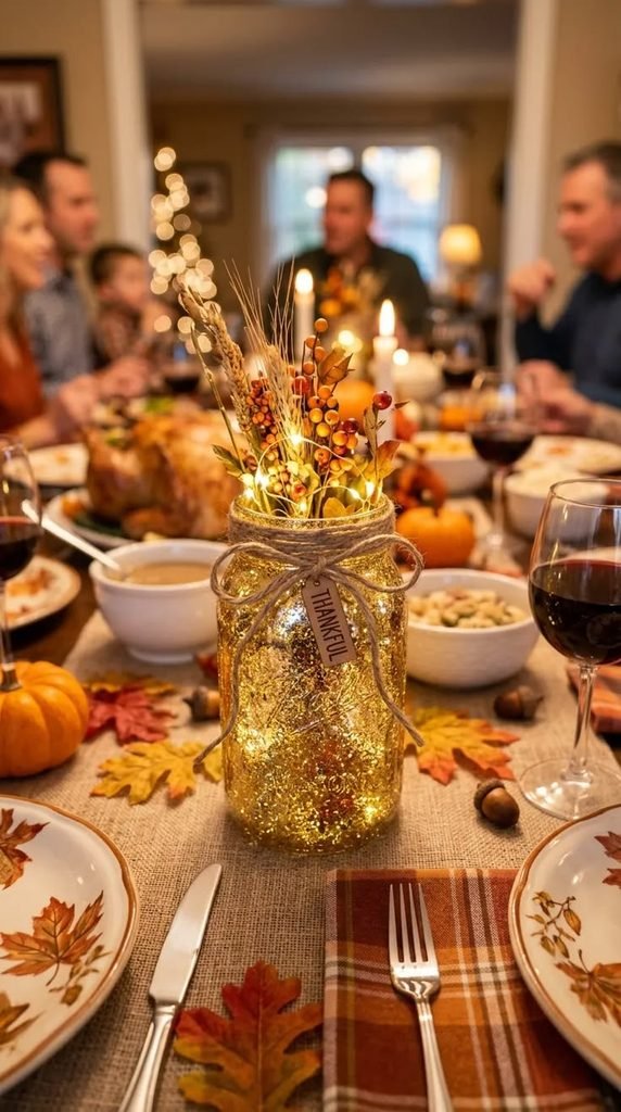 Mason jars filled with dried flowers and autumn foliage on an entryway console