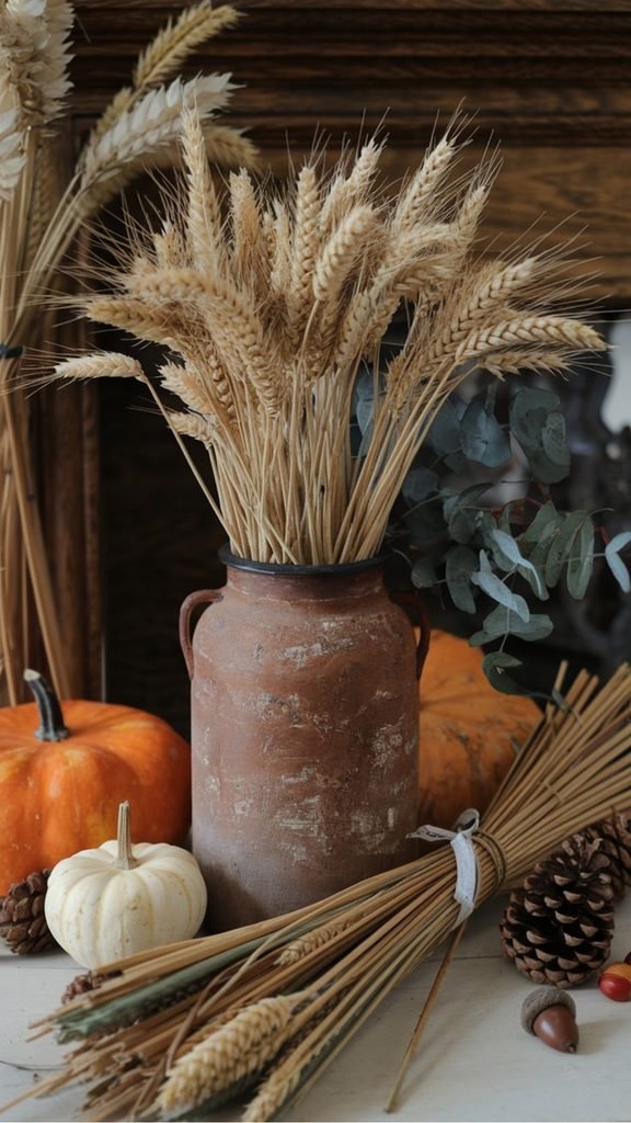Dried wheat bundle in a ceramic pitcher on a Thanksgiving sideboard