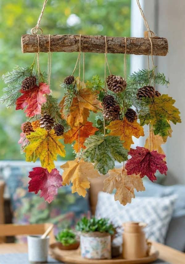 Natural branch decorated with hanging autumn leaves and Thanksgiving accents