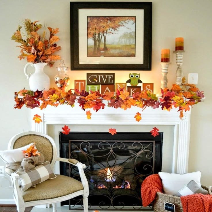 Handmade paper leaf garland decorating a Thanksgiving fireplace mantel