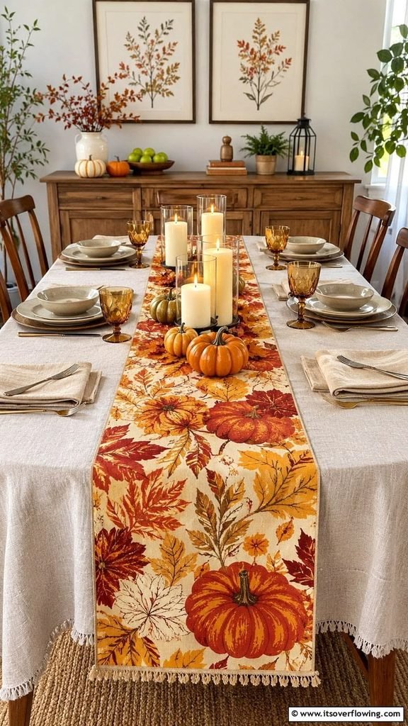 Natural linen table runner styled with pumpkins and greenery for Thanksgiving