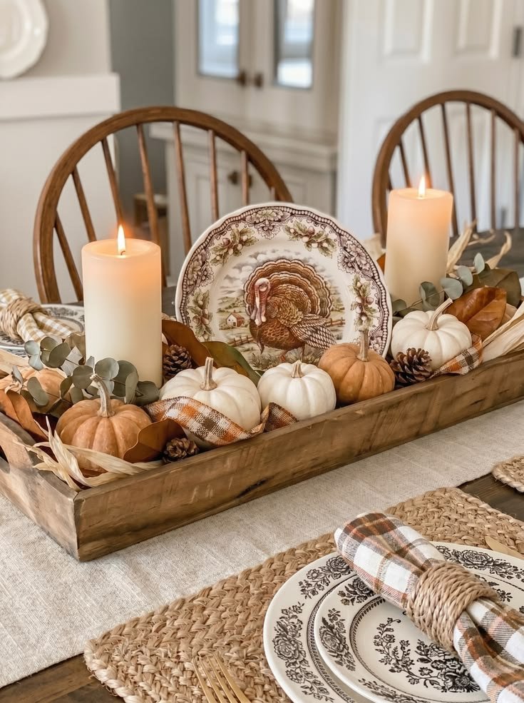 Thanksgiving candle arrangement with pumpkins and dried foliage on a wooden tray