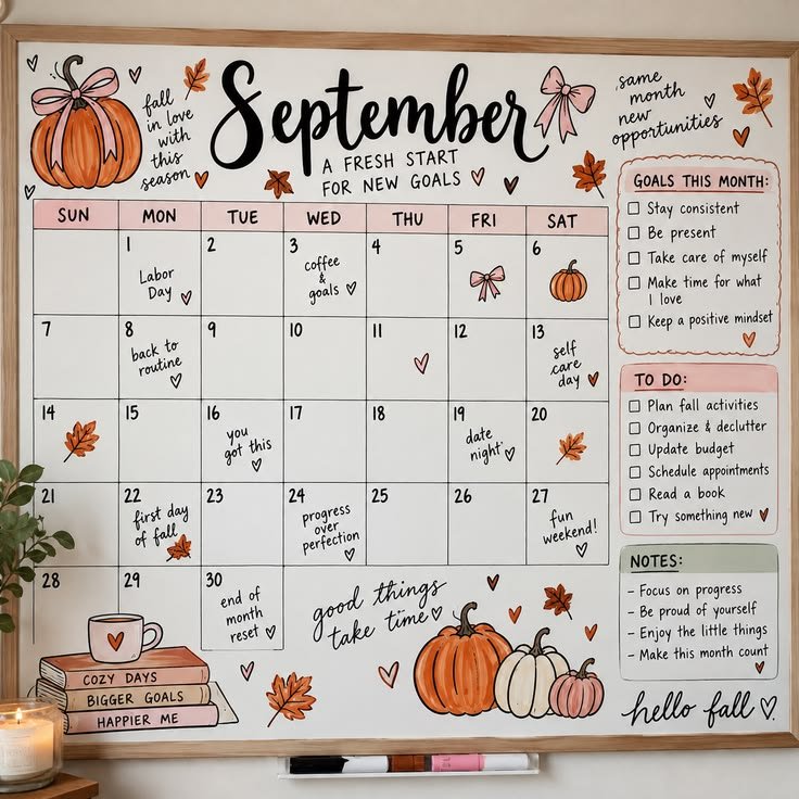 October dry erase calendar decorated with pumpkin illustrations and autumn accents