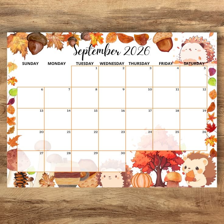 October dry erase calendar with a colorful autumn leaf border