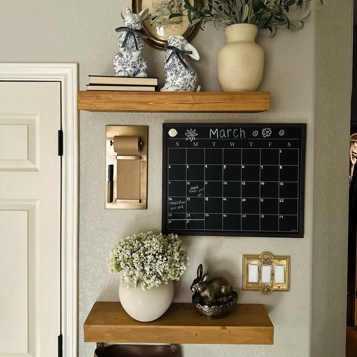 October dry erase calendar styled above a floating shelf with a plant and mini pumpkin