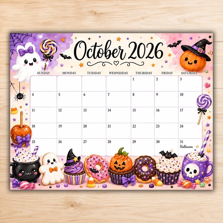 Colorful October dry erase calendar with playful autumn doodles and organized dates