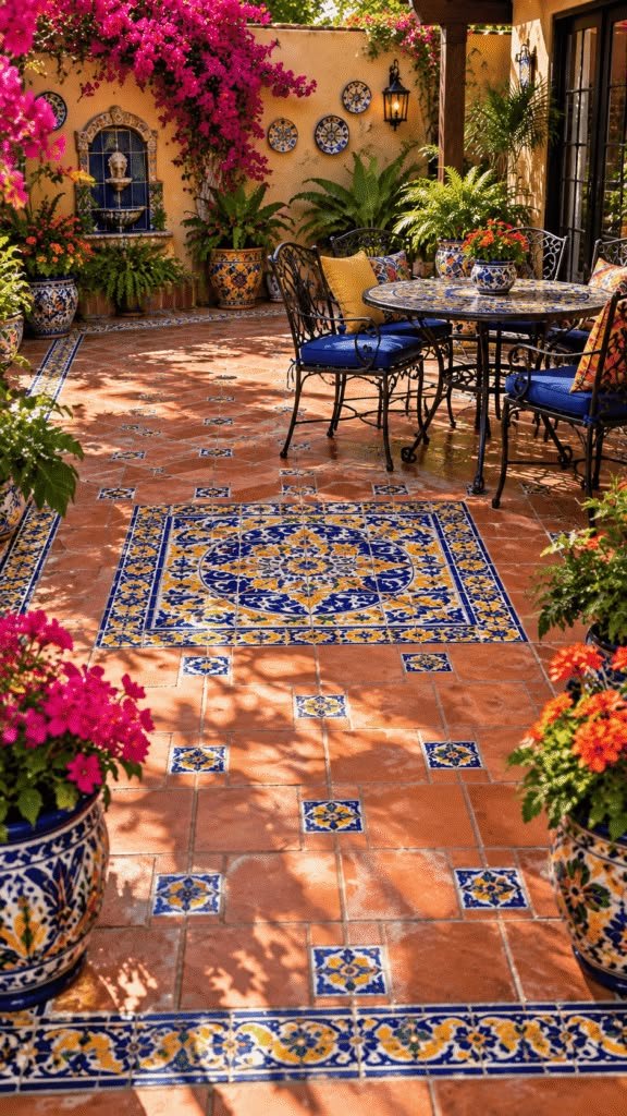 Colorful Talavera tiles decorating a built-in bench in a Mexican-inspired backyard patio.