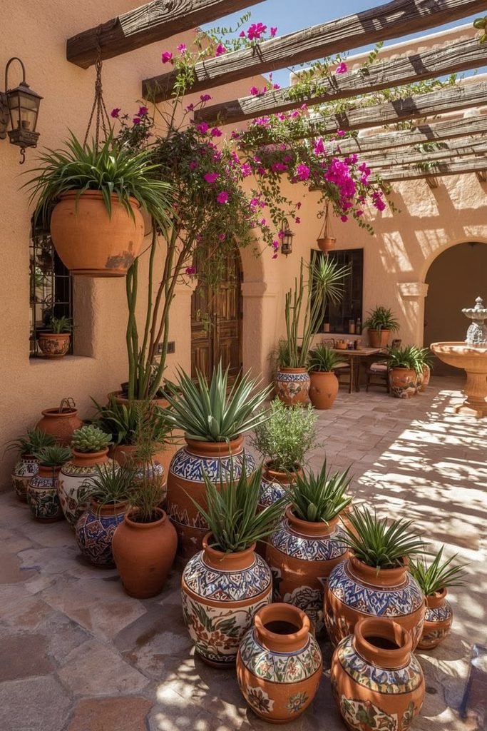 Terracotta pots in different sizes filled with lush greenery in a Mexican backyard ideas 