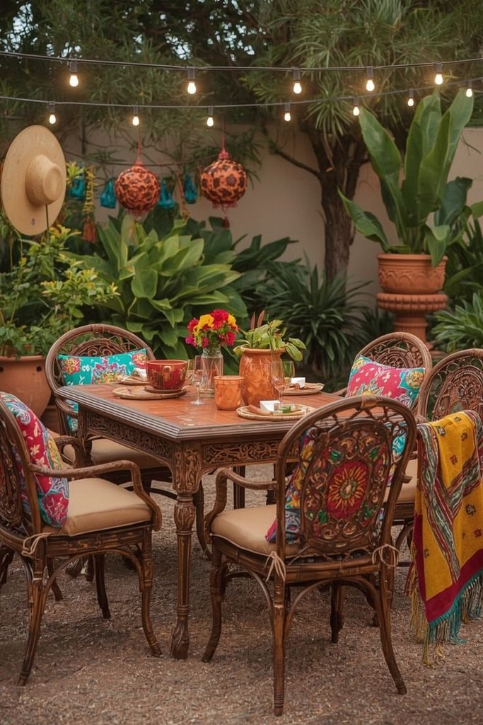 Wooden outdoor dining table with colorful chairs and ceramic tableware in a Mexican-inspired backyard.