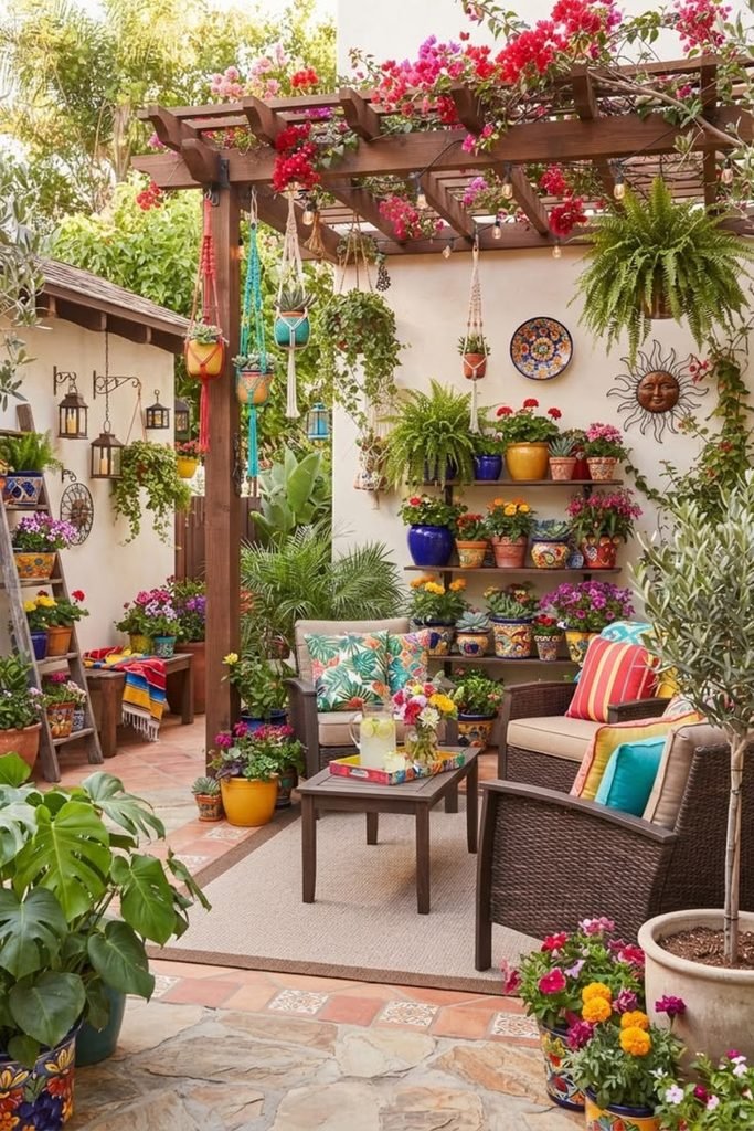 Cozy Mexican-inspired patio with colorful cushions, rustic furniture, and terracotta planters.