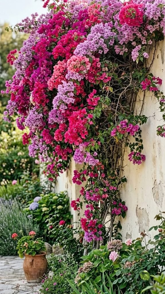 Bright magenta bougainvillea climbing a white stucco wall beside terracotta pots in a backyard courtyard.