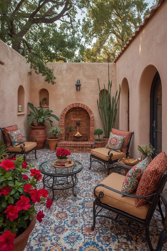 Rustic stucco outdoor fireplace with lounge chairs and terracotta plants in a Mexican-style backyard.