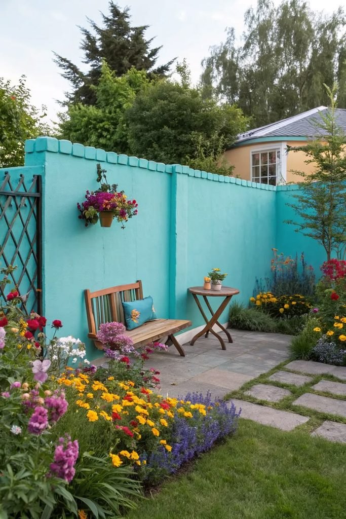 blue dusty painted backyard wall with a wooden bench and blue ceramic planter.