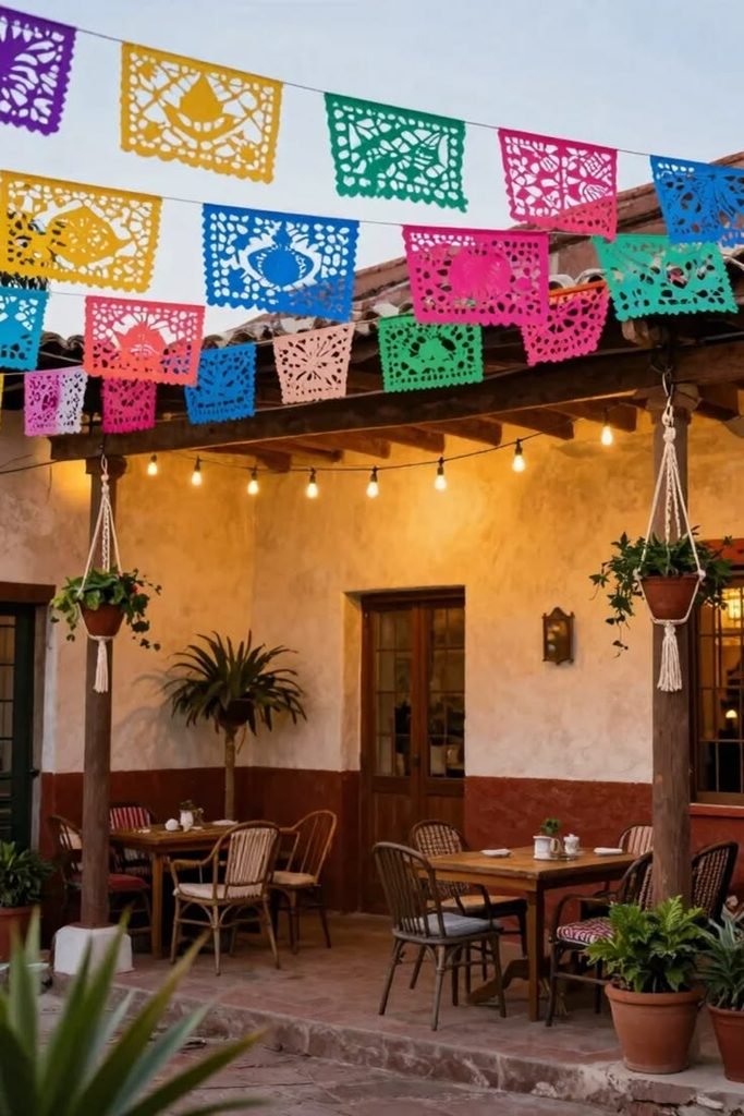 Warm string lights above a rustic dining table in a Mexican-inspired backyard courtyard at dusk
