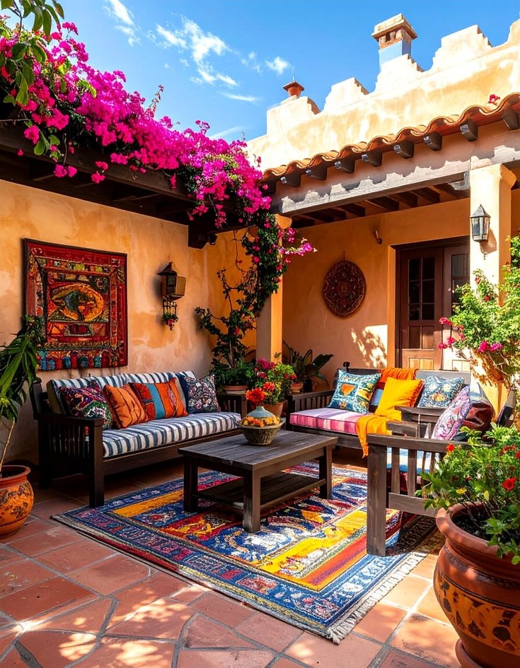 Striped and patterned outdoor cushions with a woven rug on a rustic bench in a Mexican-style patio.