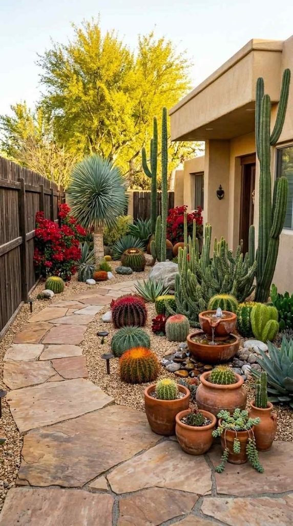 Cactus and succulent garden with gravel, natural rocks, and terracotta pots in a sunny backyard.