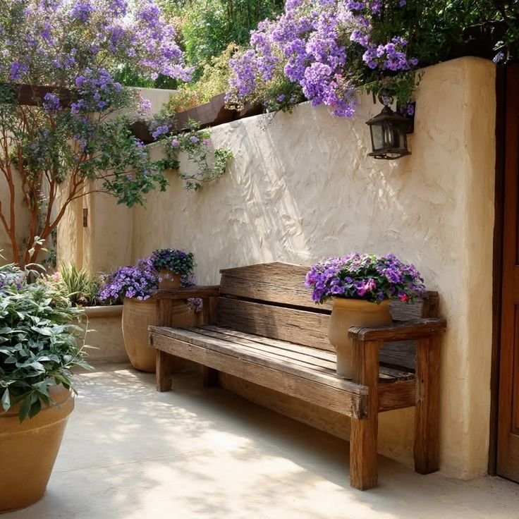 Weathered wooden garden bench with a blue cushion and terracotta planter against a textured stucco wall.