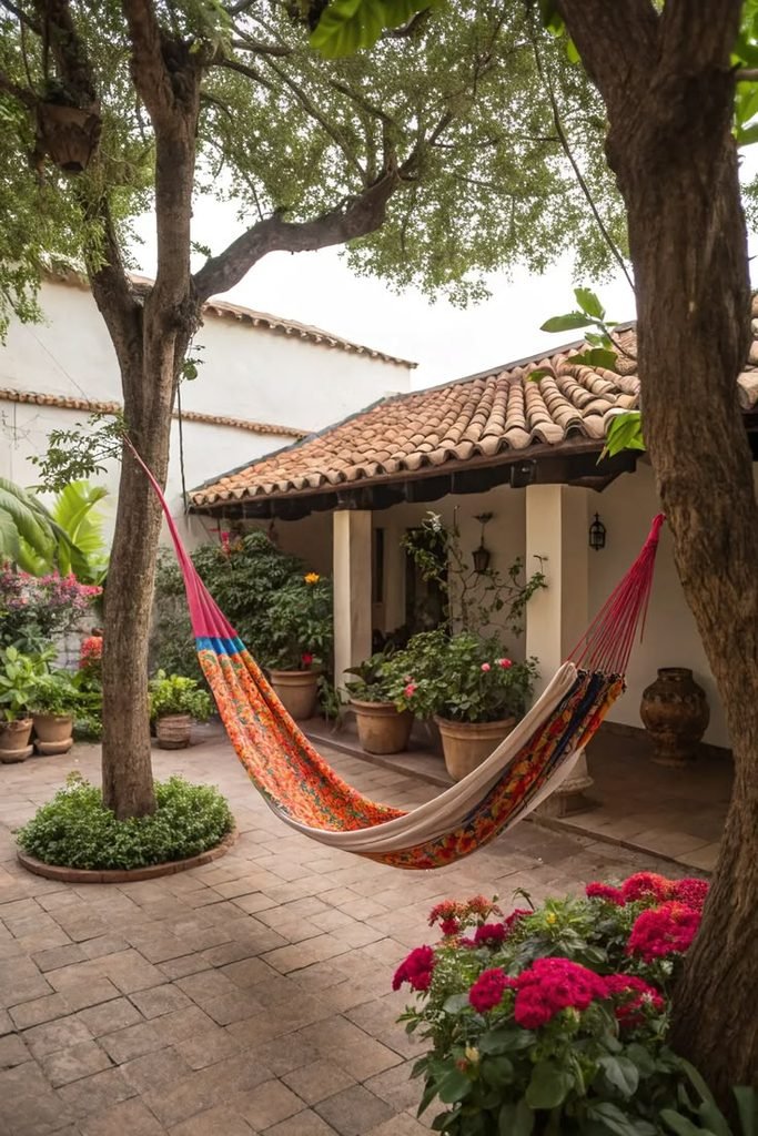 Colorful woven hammock between garden supports with terracotta planters in a backyard relaxation corner.