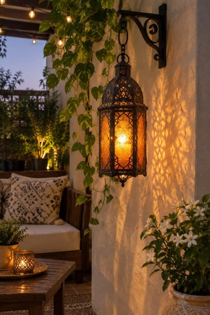 Decorative metal lanterns glowing beside terracotta pots on a Mexican-inspired backyard patio.