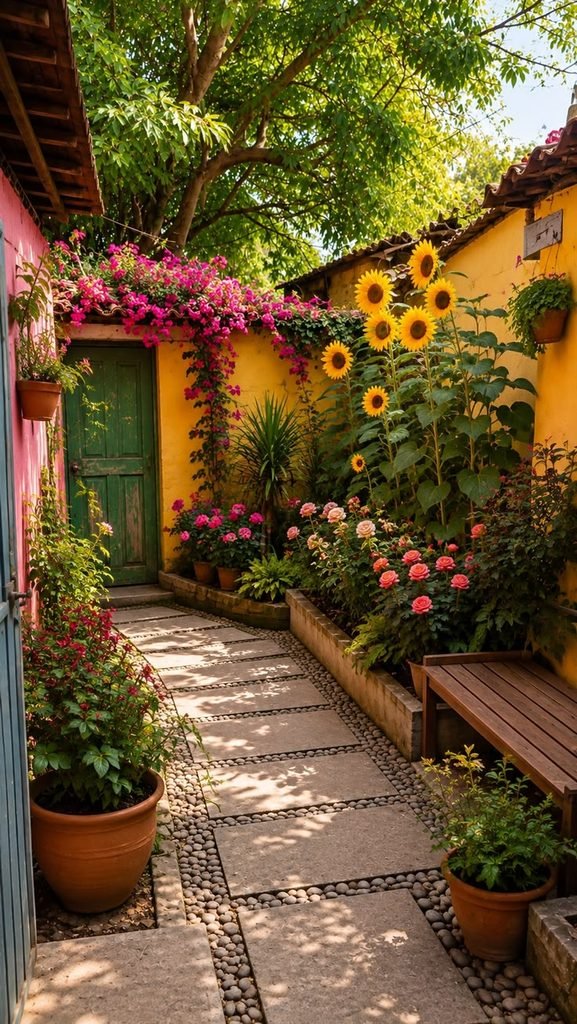 Small Mexican-inspired courtyard garden with terracotta planters, a wooden bench, and colorful tiled accents.