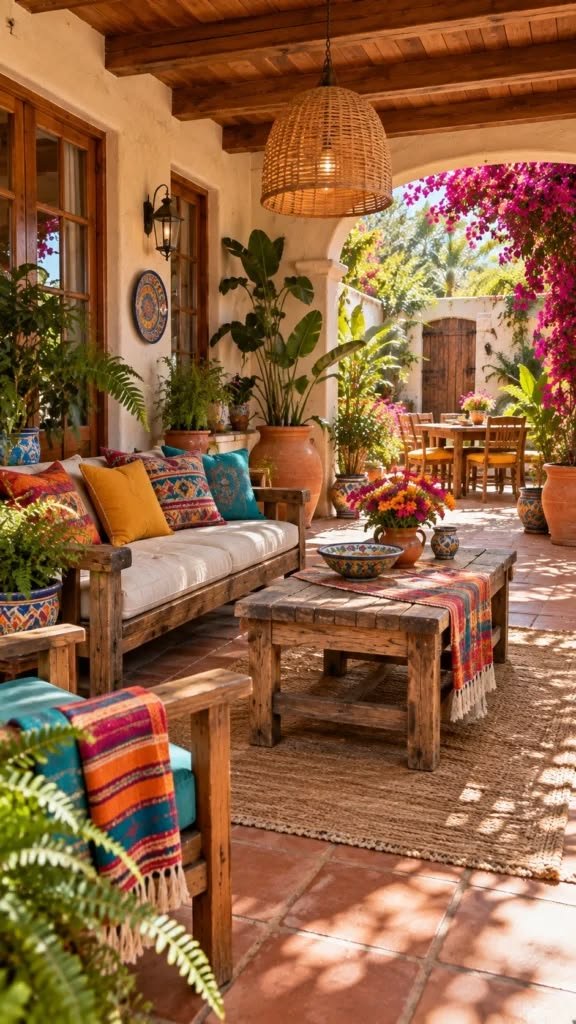 Colorful outdoor lounge with blue and coral cushions, a wooden coffee table, and terracotta accents.