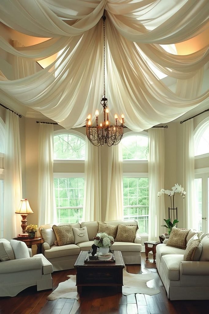 Soft white sheer fabric draped across the ceiling of a calm bedroom with natural wood furniture.