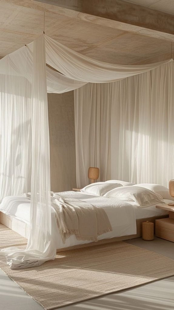Ivory fabric canopy draped above a bed in a romantic bedroom with blush bedding and wooden nightstands.