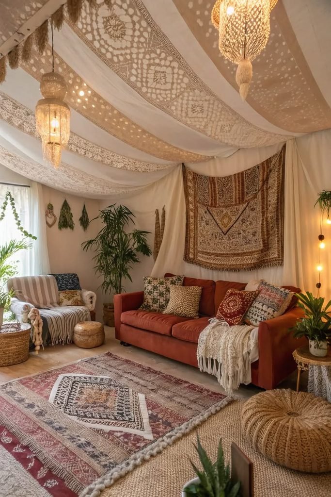 Boho bedroom with a natural fabric canopy, rattan furniture, and textured neutral bedding.