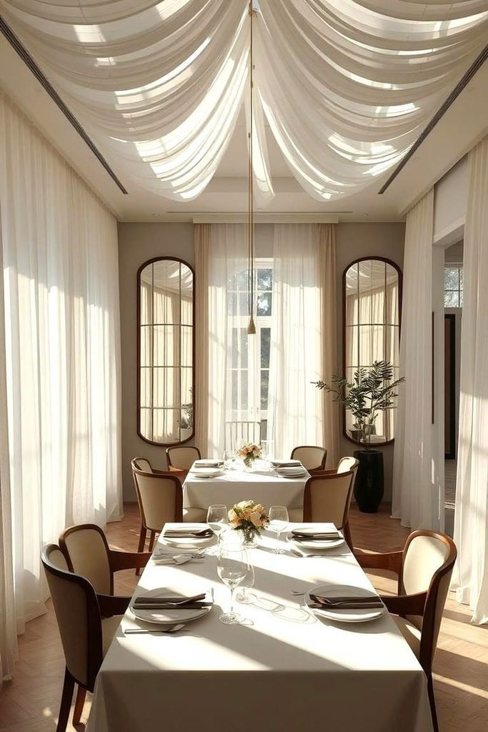 Ivory fabric ceiling draping above a wooden dining table with simple chairs and ceramic tableware.
