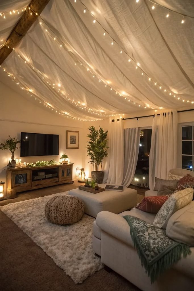 Neutral fabric ceiling draping illuminated by indirect wall lighting in a cozy living room.