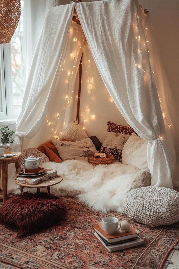 Cozy reading nook with a rust-colored armchair beneath a small neutral fabric canopy.