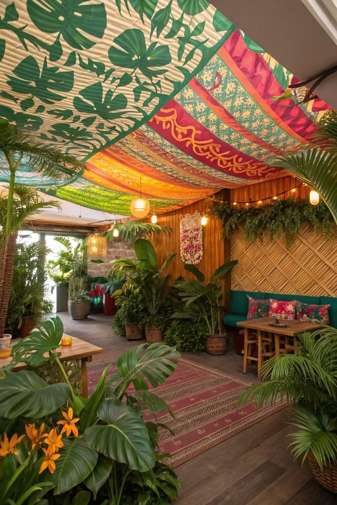 Botanical patterned fabric canopy above a bed in a vintage-inspired bedroom.