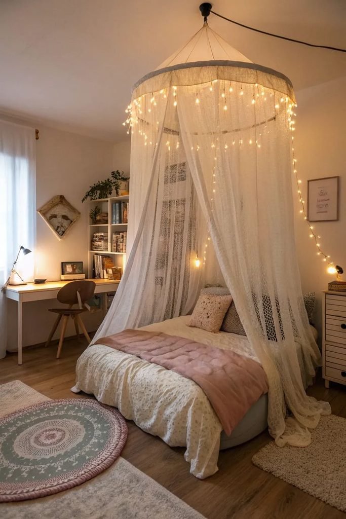Small bedroom with a narrow ivory fabric canopy over the bed and visible open ceiling space.