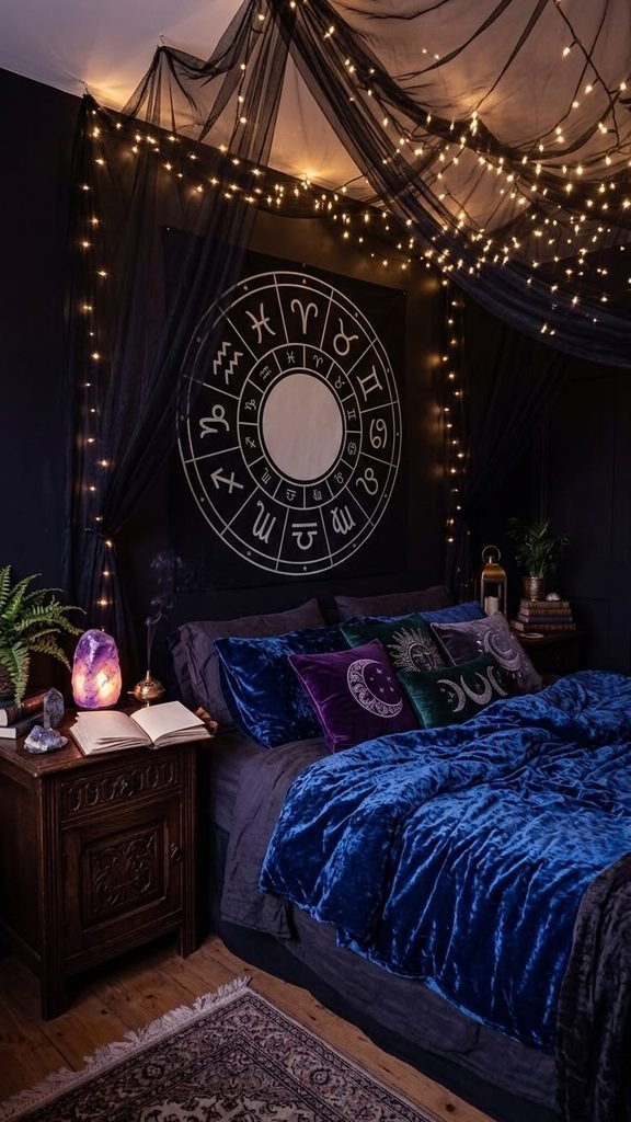 Deep burgundy fabric canopy above a bed with walnut furniture and pale bedding.