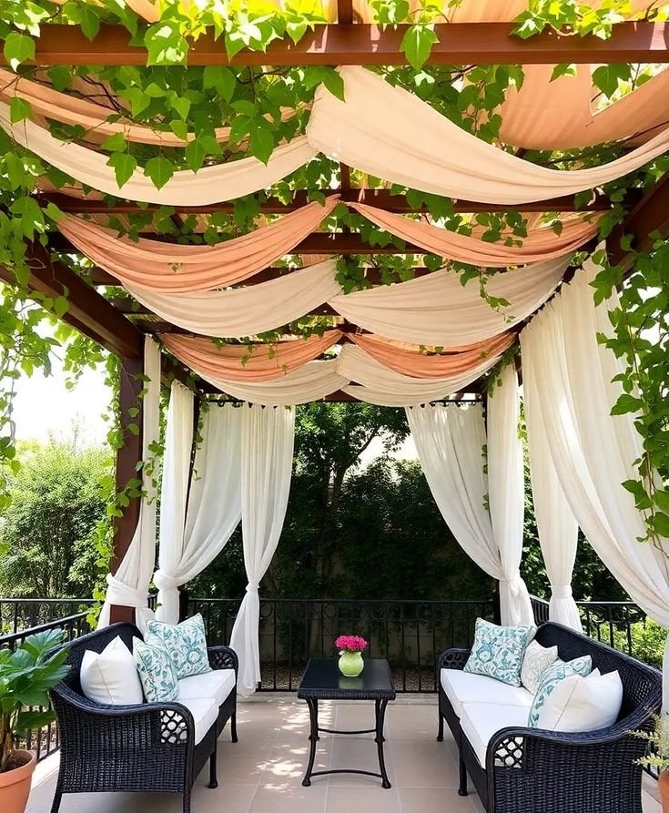 Covered outdoor patio with fabric panels beneath a pergola and weather-resistant wooden furniture.