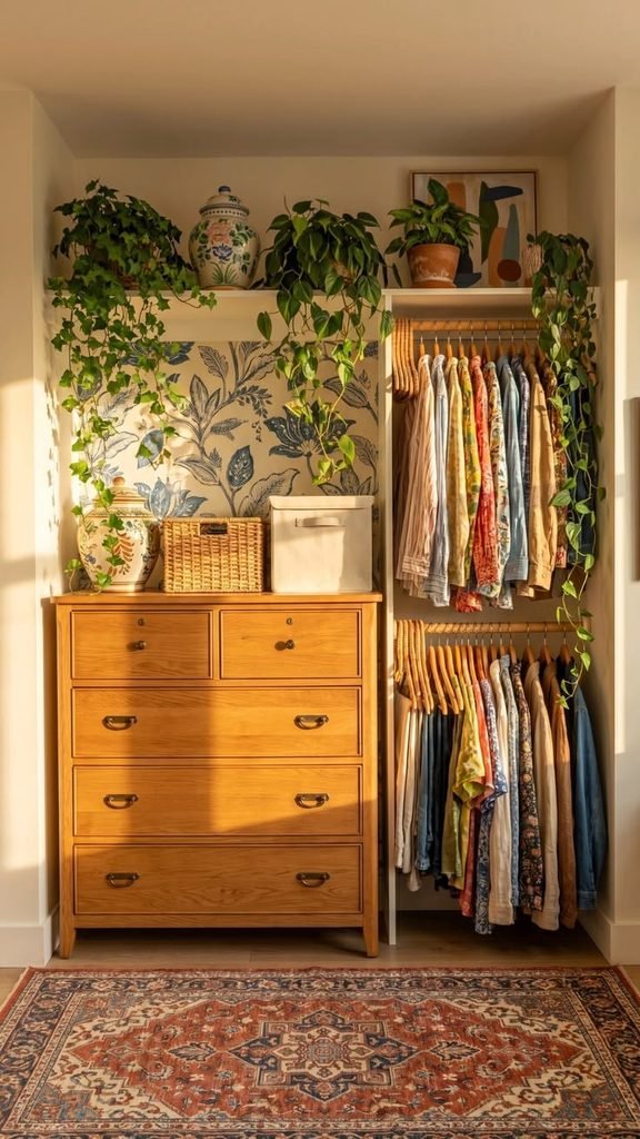 Warm oak closet with open shelves, hanging neutral clothing, and woven storage baskets.
Prompt: