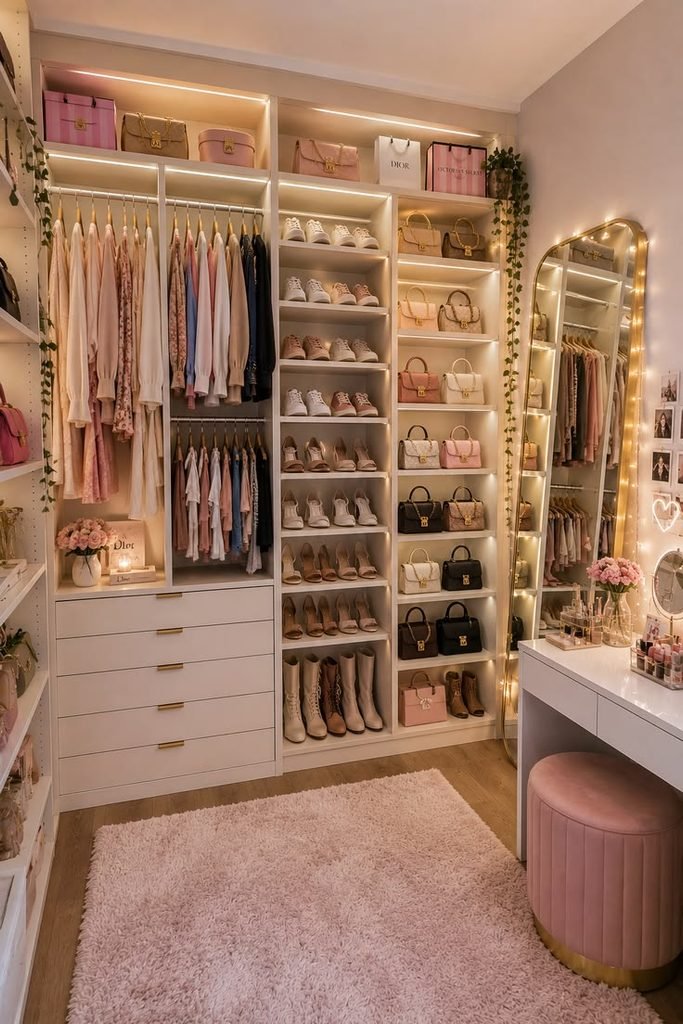 Boutique-style walk-in closet with handbag displays, shoe shelves, and a central storage island.