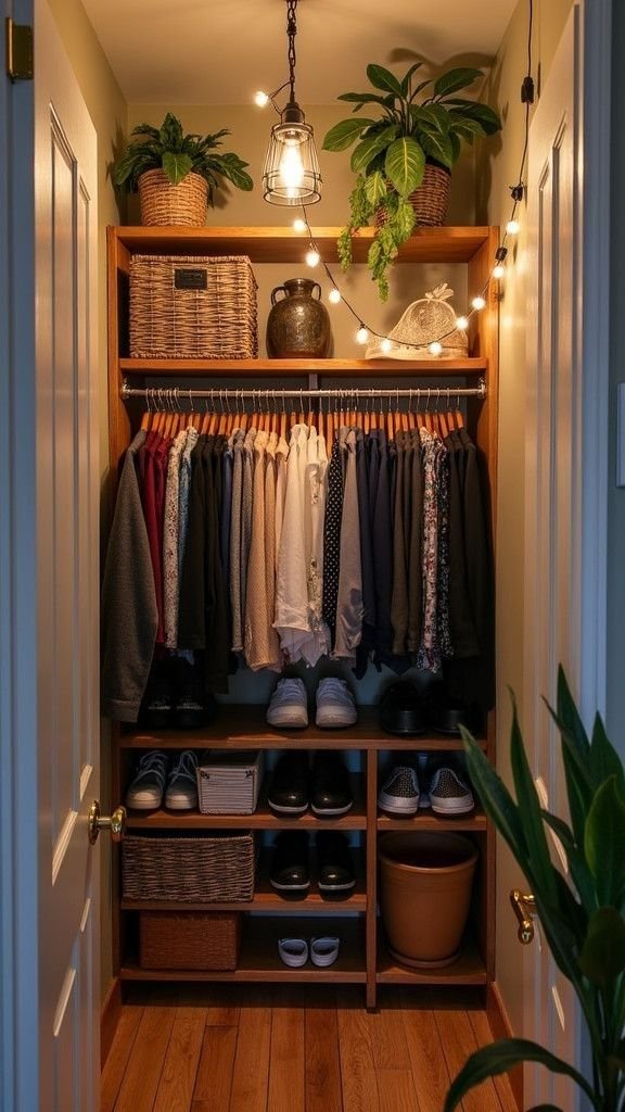Small bright closet with floor-to-ceiling storage, a full-length mirror, and light cabinetry.