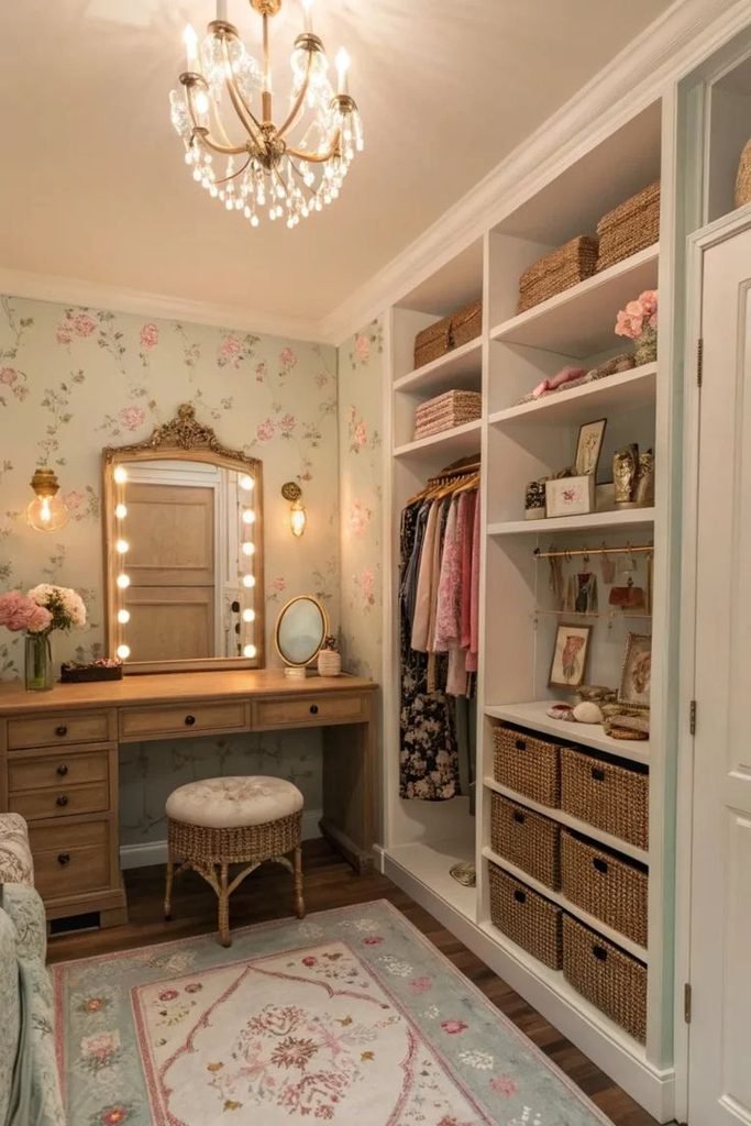 Compact closet vanity with a round mirror, wooden stool, and perfume tray.