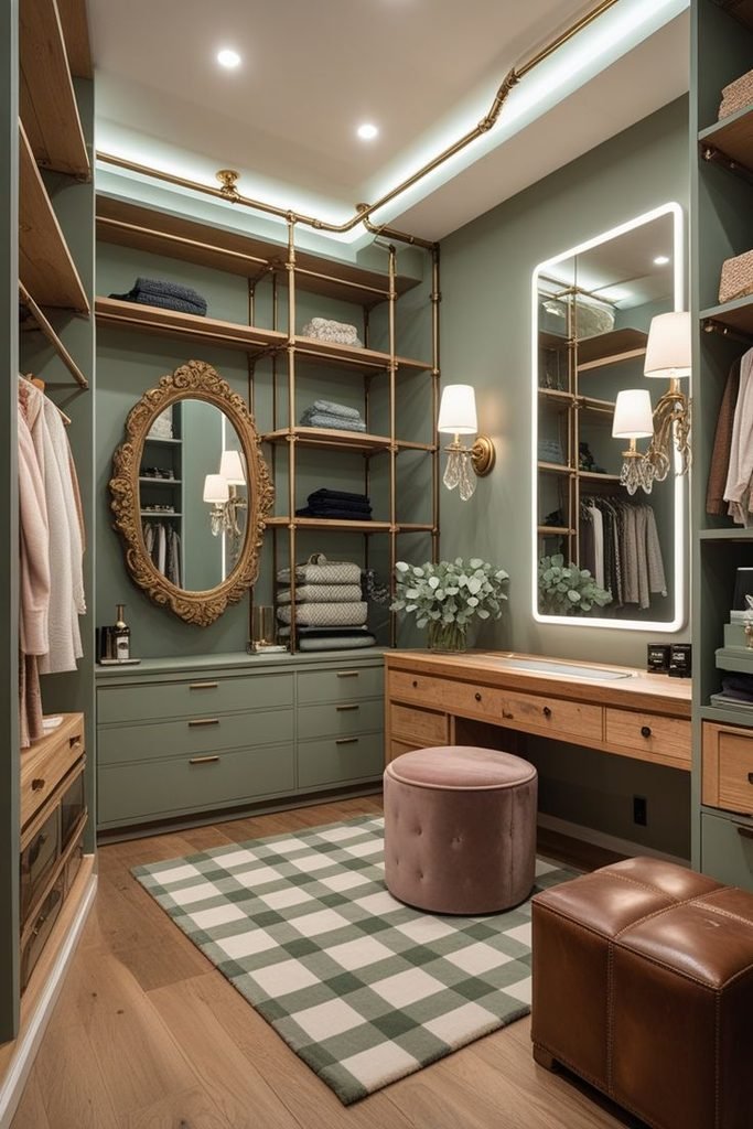 Neutral closet with cream cabinets, taupe storage boxes, woven baskets, and an oak bench.